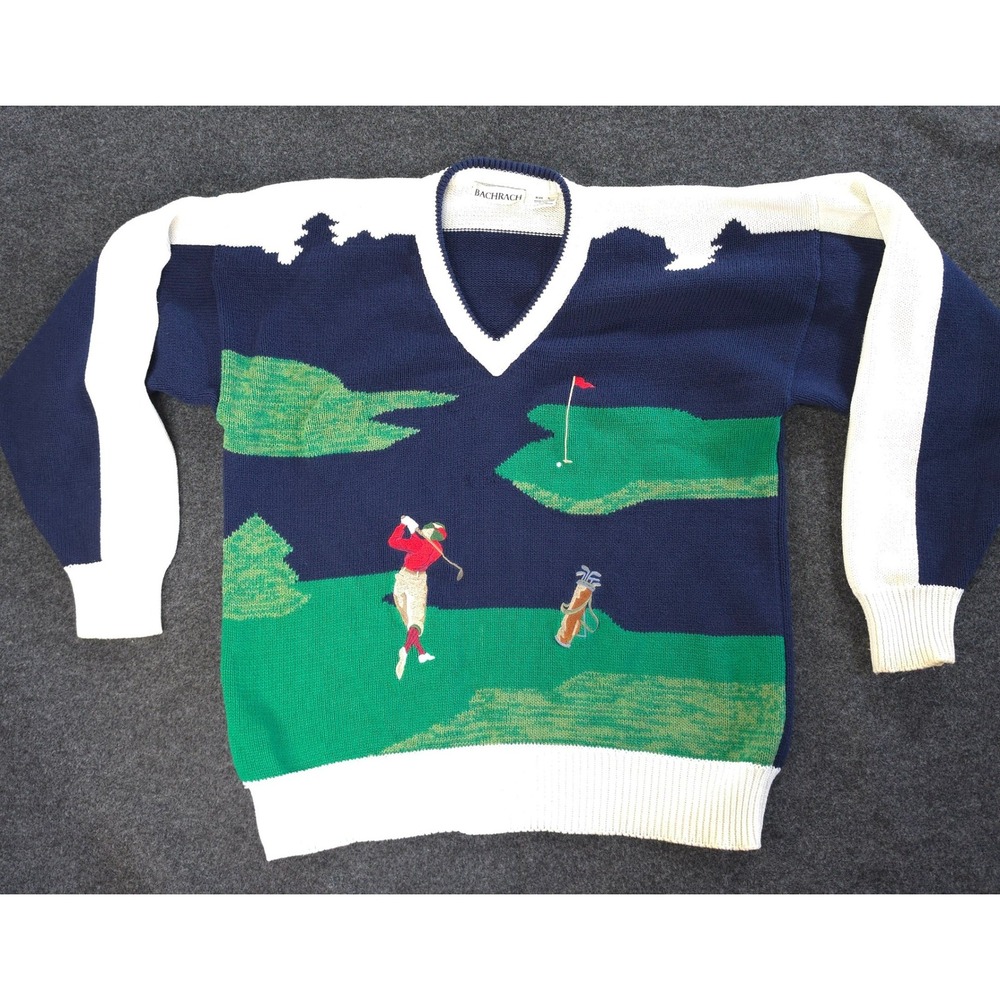 Vintage Bachrach Grandpacore Golf Intarsia Sweater L Kitschy Cotton Preppy Blue